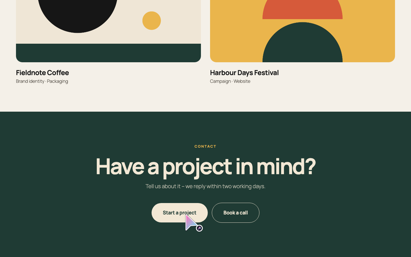 Effect mode on a website: a gradient arrow cursor with a link badge over the “Start a project” button.